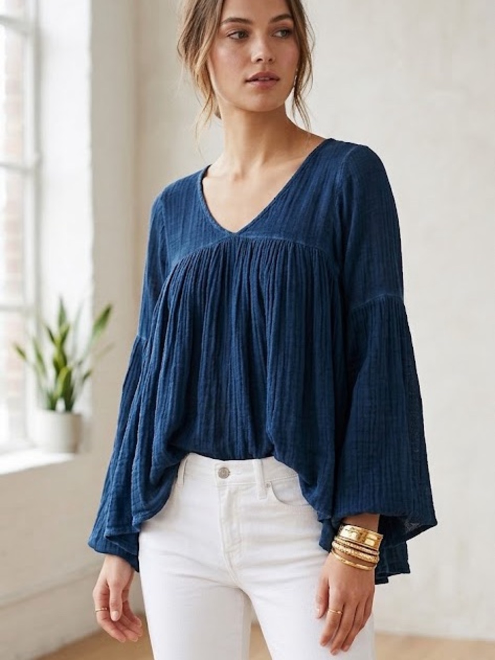 Free People Small Long Sleeve Blue Blouse/Tunic